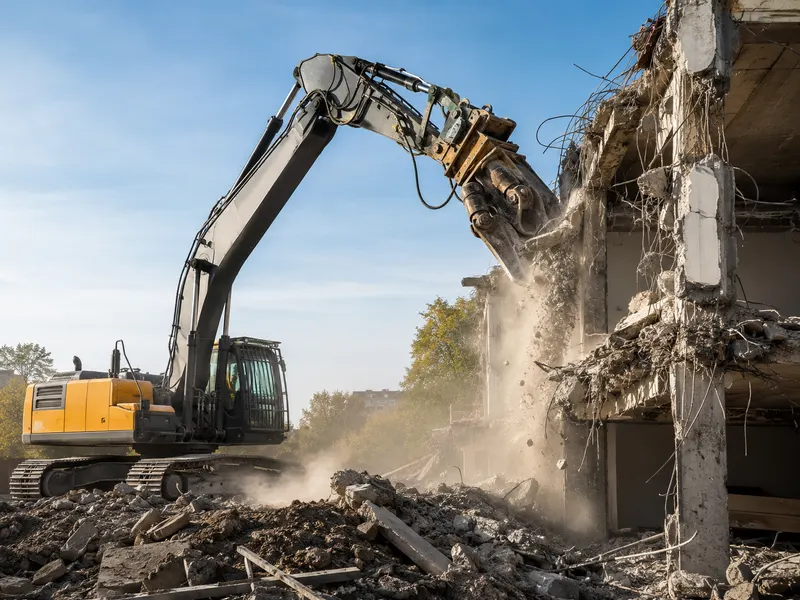 Bagger beim kontrollierten Abbruch eines Gebäudes mit Staubschutz