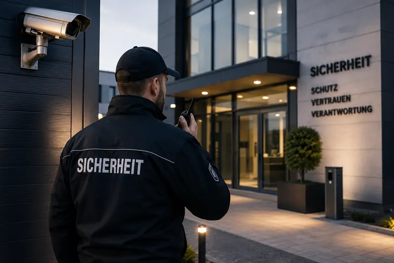 Sicherheitsmitarbeiter beim Objektschutz vor einem modernen Gewerbegebäude